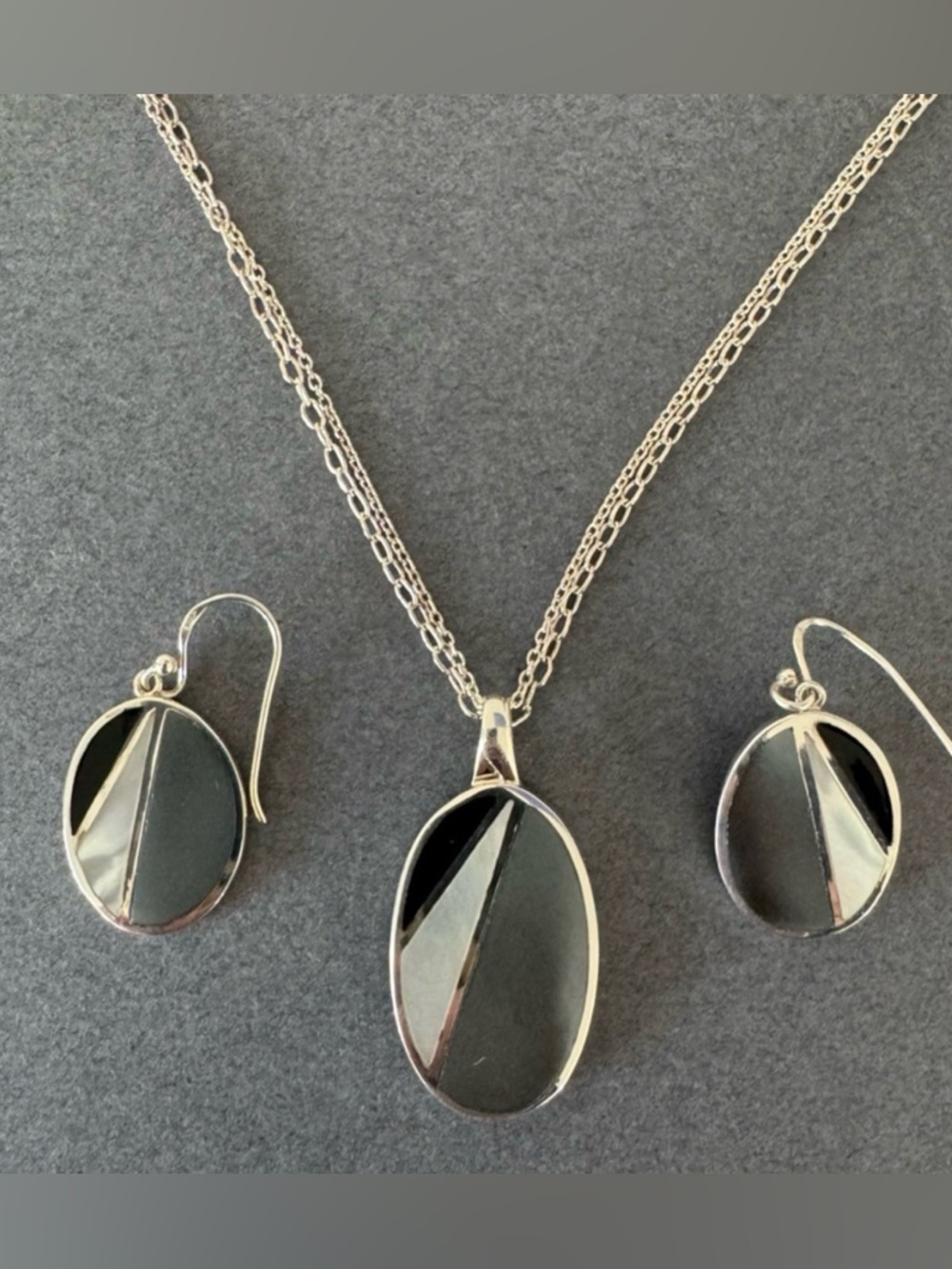 Sterling Silver Necklace & Earrings with Hematite, MOP & Onyx Setting